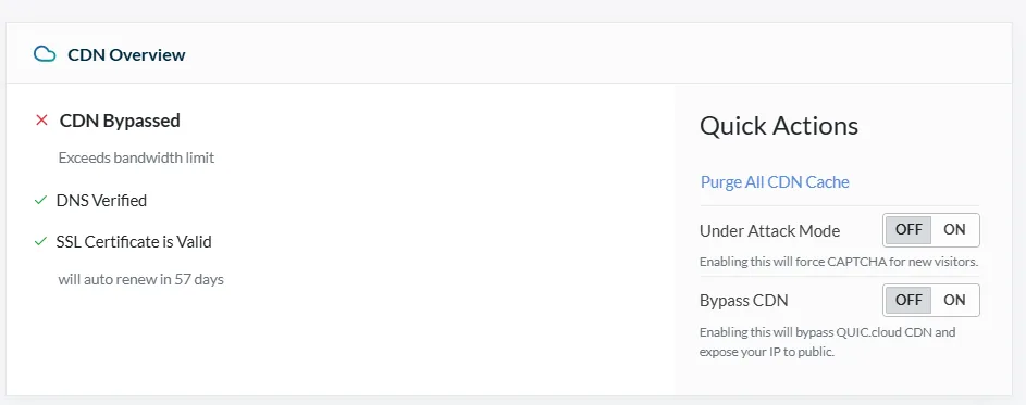 Redacted screenshot of the CDN provider's status panel. A red cross reads "CDN Bypassed — Exceeds bandwidth limit", the domain name is blurred, and a "Under Attack Mode" toggle sits in the Quick Actions panel, currently off.