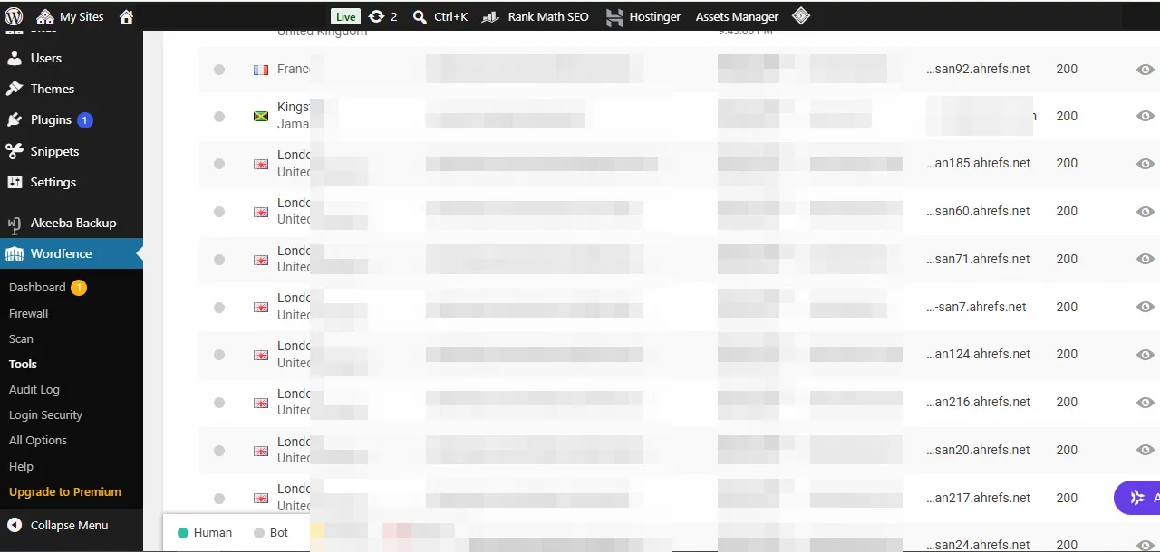 Redacted screenshot of a WordPress security plugin's live-traffic log filtered to crawlers. Row after row is the same commercial SEO crawler (AhrefsBot), fetching a page every one to three seconds; the visitor IP addresses are blurred. Its user-agent and the request timestamps are visible.