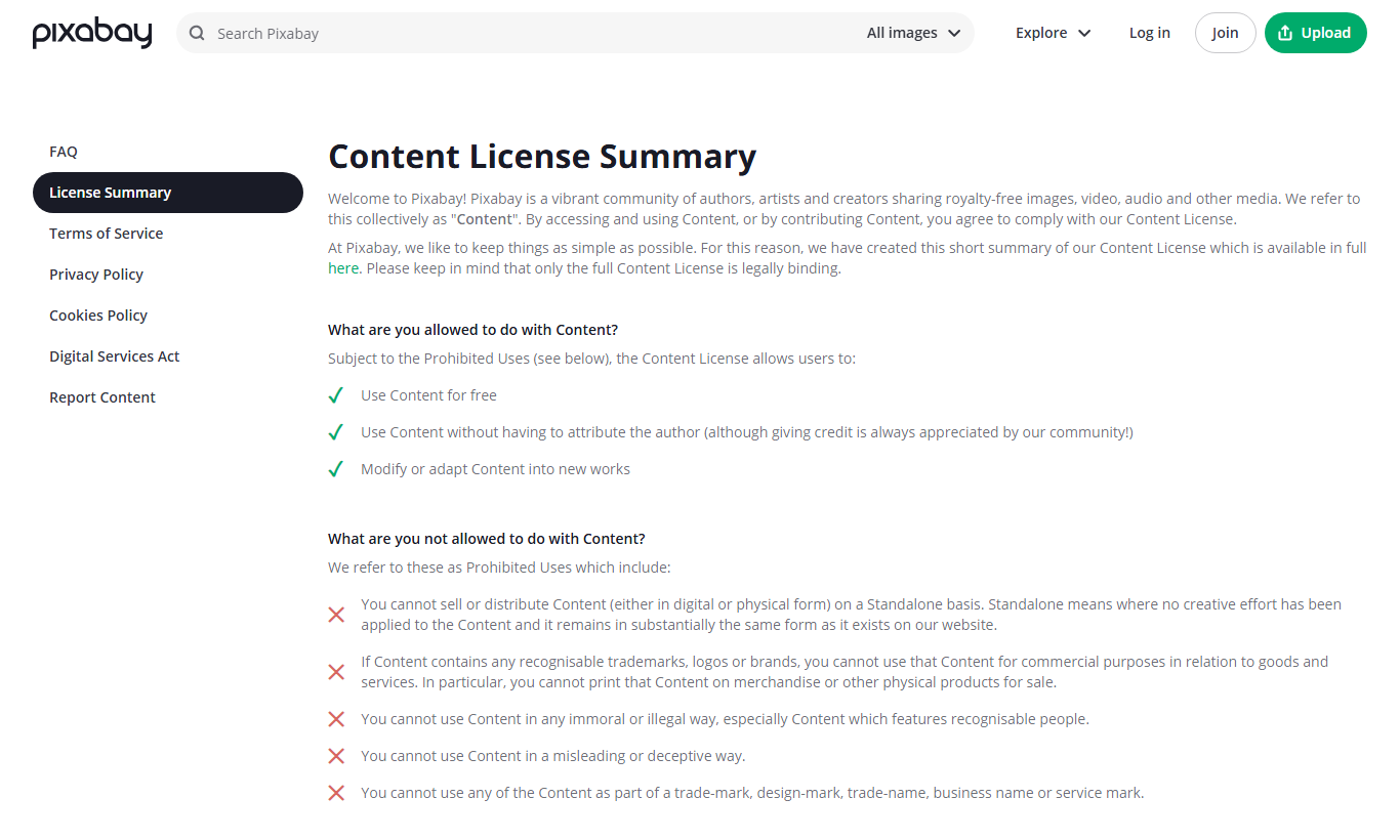The Pixabay Content License Summary page. Under "What are you allowed to do" three green ticks: use content for free, use it without attributing the author, modify or adapt it. Under "What are you not allowed to do" red crosses: no selling or distributing content standalone, no commercial use of recognizable trademarks or brands, no immoral or illegal use especially of recognizable people, no misleading use, no use as a trademark or business name.