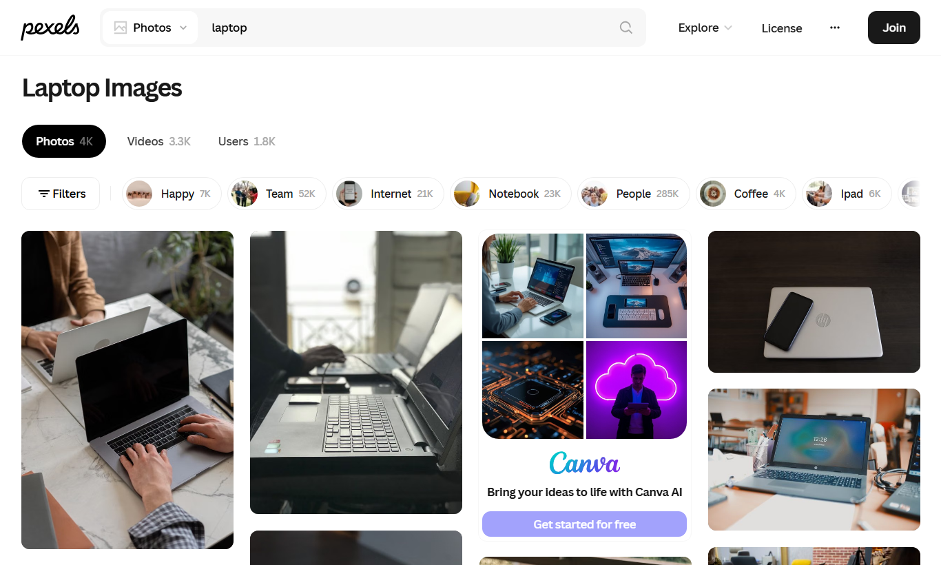 The Pexels image library showing search results for "laptop": a grid of free stock photos with category filters (Happy, Team, Internet, Notebook, People, Coffee) across the top and a photos/videos/users tab bar.