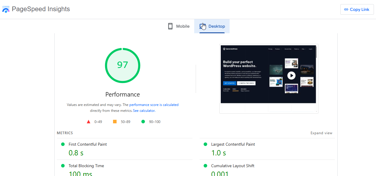A high Google PageSpeed Insights performance score for a lightweight WordPress theme tested on a blank install.