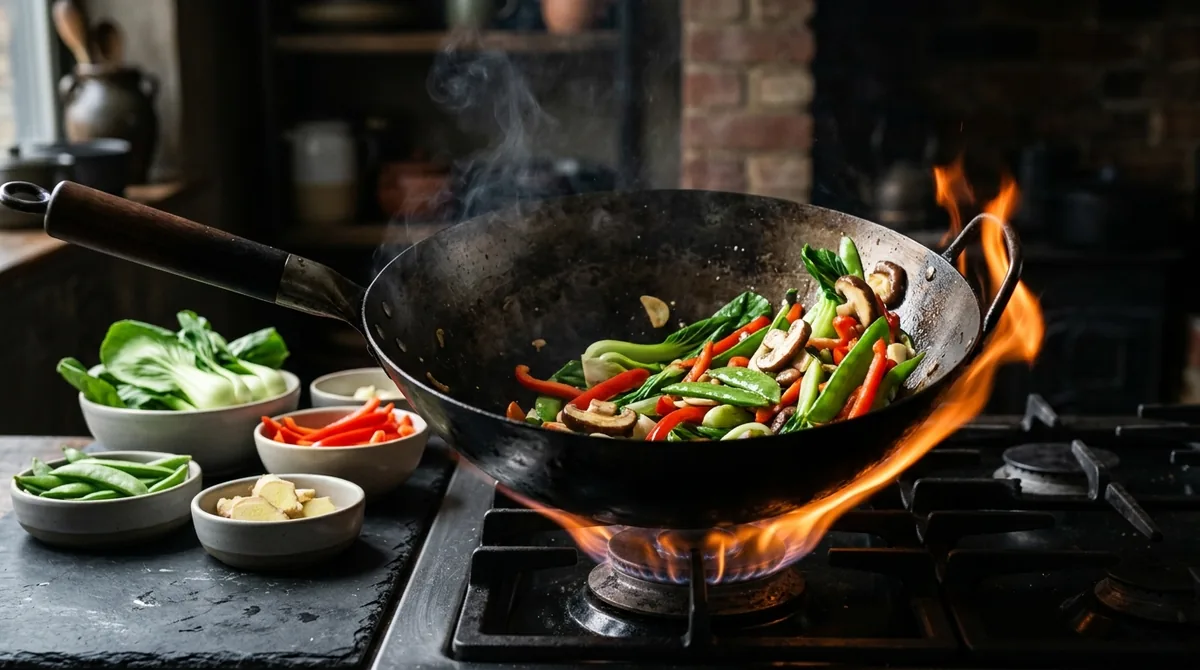 Diffusion image generation example: a seasoned wok tossing fresh vegetables over a blue flame with prep bowls on a dark kitchen surface