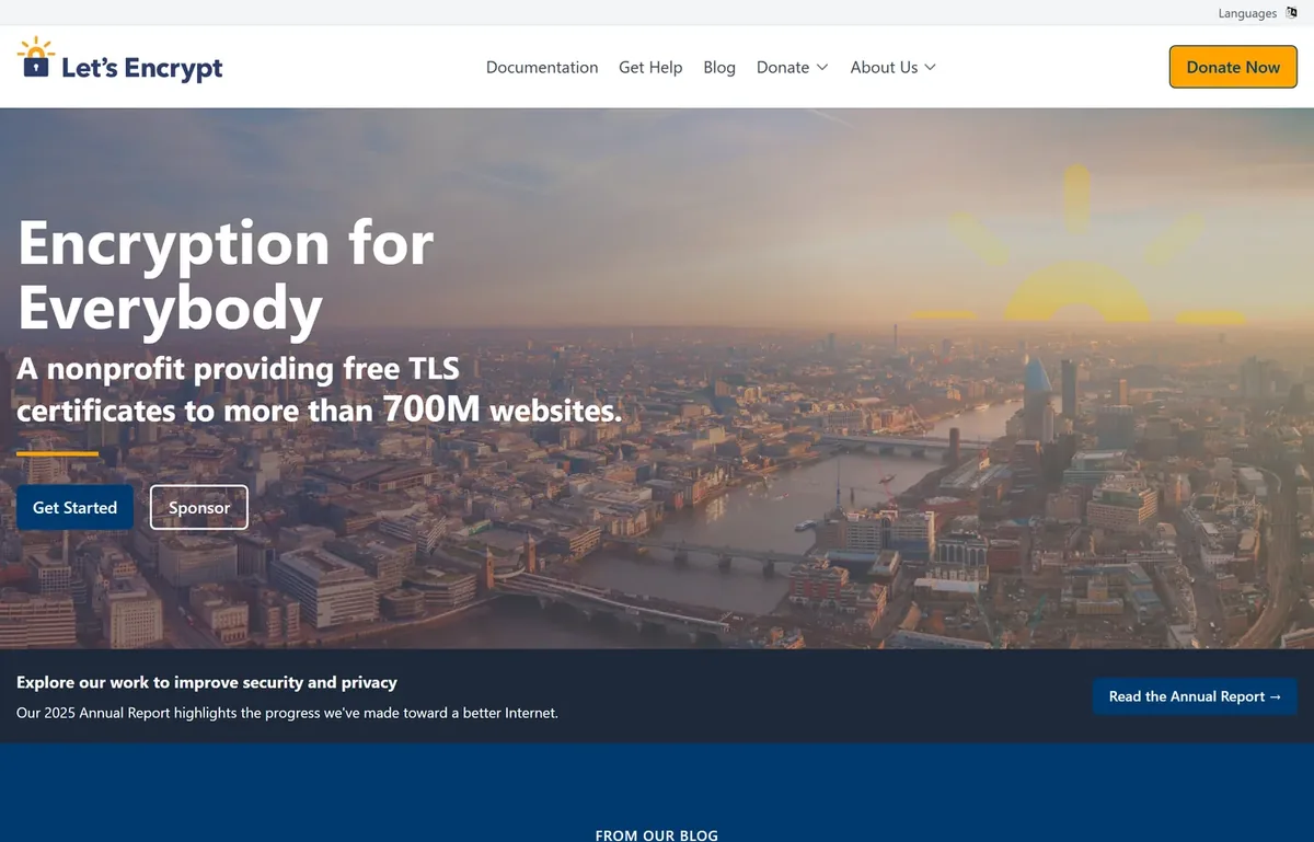 The Let's Encrypt homepage: a headline "Encryption for Everybody" over the tagline "A nonprofit providing free TLS certificates to more than 700M websites," with "Get Started" and "Sponsor" buttons. Let's Encrypt is the free, automated certificate authority described here.