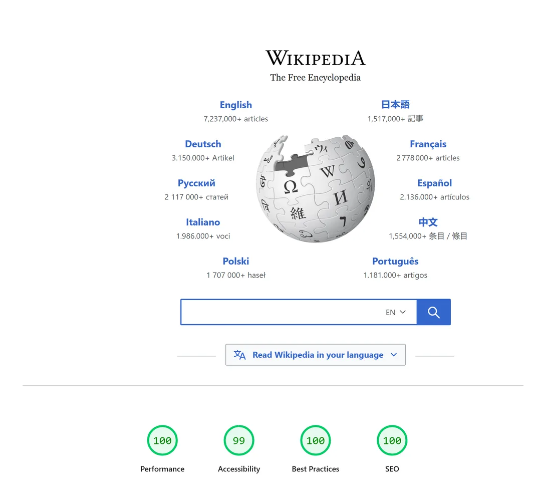 A Google PageSpeed Insights desktop result: the tested page (the Wikipedia portal) above its four category scores — Performance 100, Accessibility 99, Best Practices 100 and SEO 100, all green. Alongside the scores the tool lists specific, prioritised opportunities to fix.