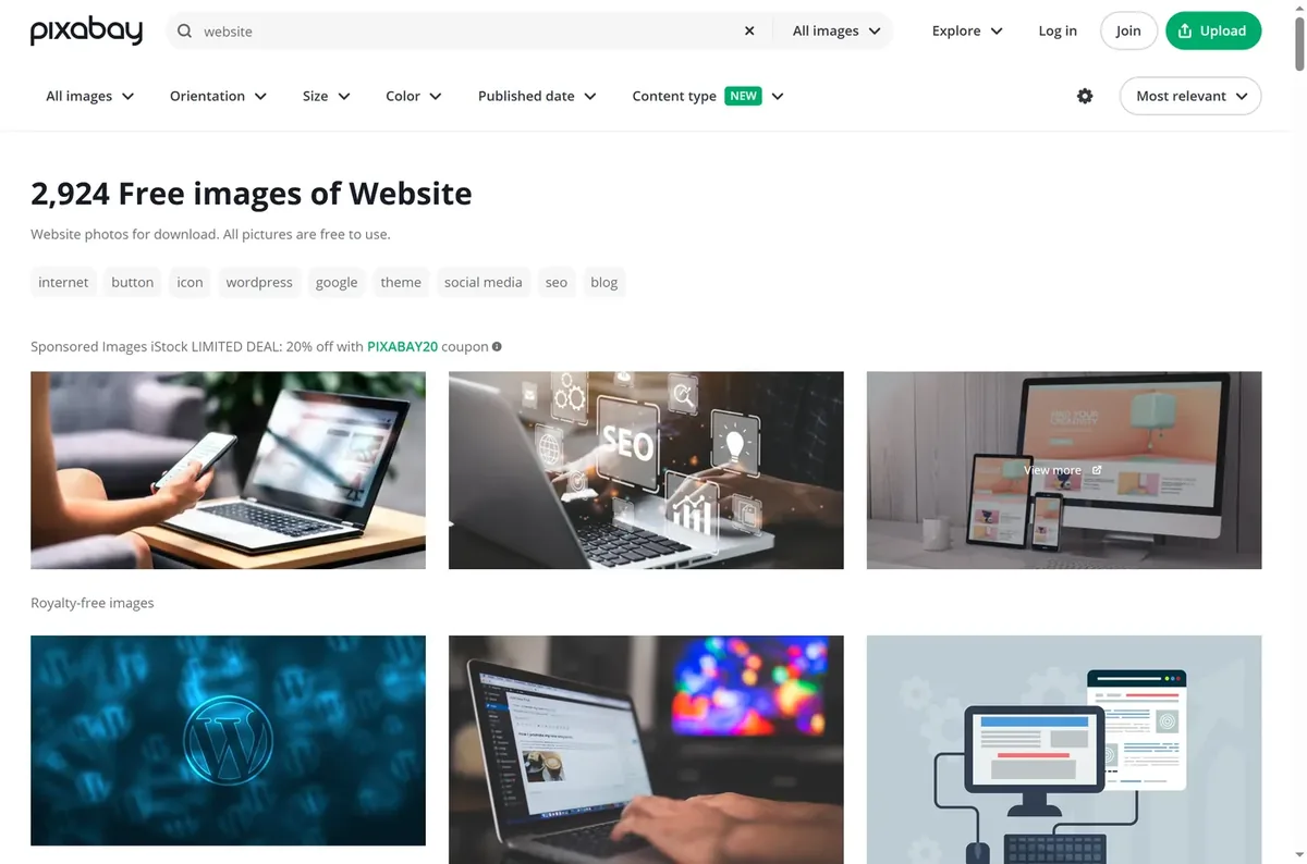 A Pixabay image-search results page for the query "website": the heading "2,924 Free images of Website — Website photos for download. All pictures are free to use" sits above a grid of stock photos and illustrations, with filter controls for orientation, size, colour and content type. A free stock-image library of the kind described here — though the licence still needs checking on each specific image.