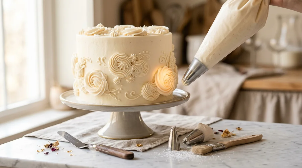 AI image failure example: an otherwise clean buttercream cake scene with a partial hand at the top-right edge holding a piping bag, despite a prompt that forbade hands