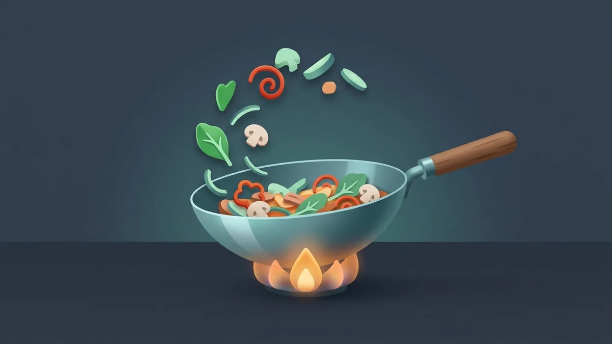 Cool teal conceptual flat-3D illustration of the same wok, showing how only the palette clause changed the mood