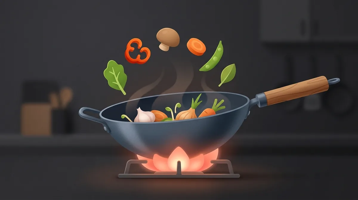 Warm conceptual flat-3D illustration of a wok with vegetables arcing above a glowing flame