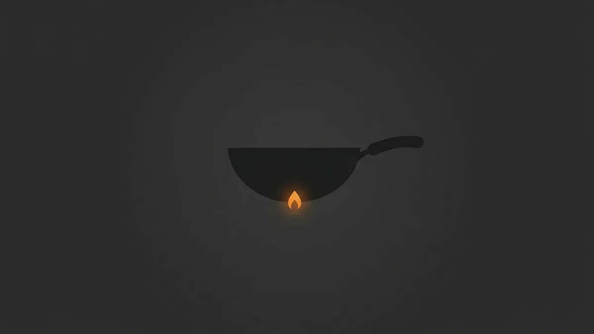 Minimal iconographic illustration: a single wok silhouette with one ember accent in generous negative space