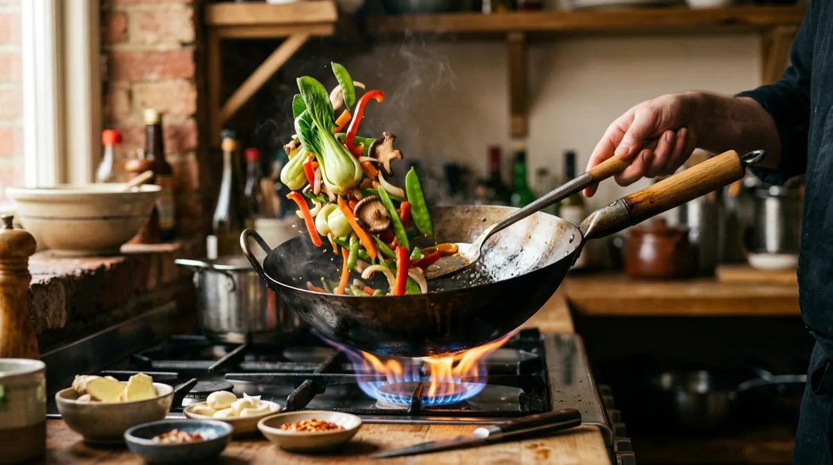 Photographic AI image generation example: a carbon-steel wok tossing colorful vegetables over a blue gas flame in a rustic kitchen