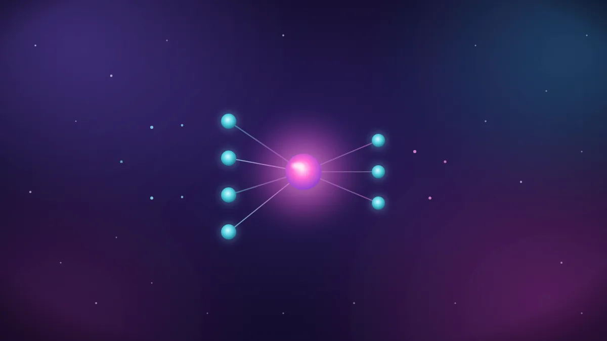 The same SVG treatment in violet for machine learning: input nodes feeding a bright central model core