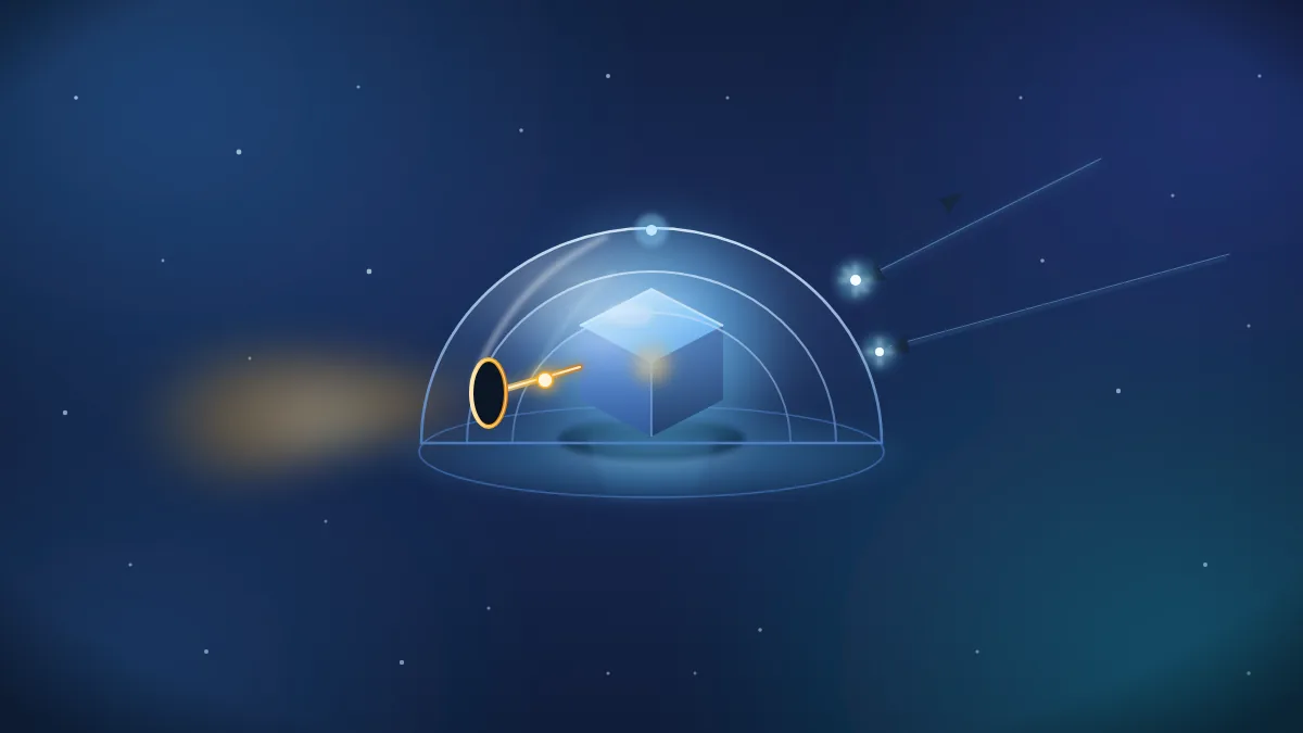 SVG hero images example - security: a glowing core inside layered shields on a deep blue field, one amber channel admitting a request while probes deflect away