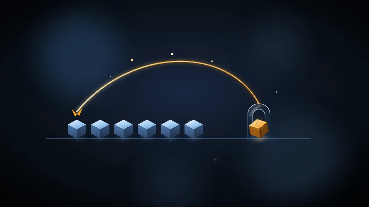 SVG metaphor for a database transaction: records advancing to a gate, one faltering, and a bright arc returning the set to the start