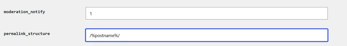 How to Remove /blog From Multisite Permalinks Without Breaking Subsite URLs 1 The Network Admin site Settings tab on a test multisite, showing the permalink_structure field, labelled with its raw option name, with the new value /%postname%/ typed in. The field above it, moderation_notify, shows how this tab lists every stored option by name.