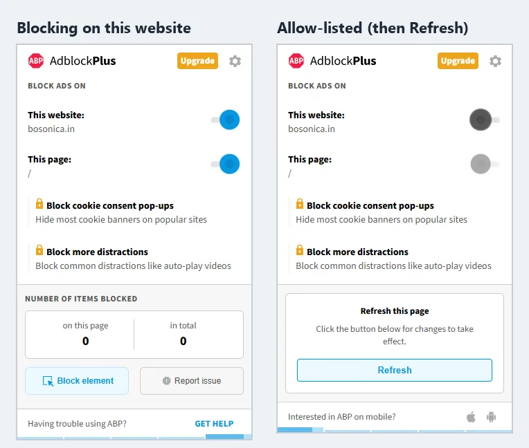 The AdBlock Plus popup for bosonica.in twice. On the left, under Block ads on, the This website and This page toggles are both on and a blocked-items counter shows zero. On the right the This website toggle is off and a Refresh this page box with a Refresh button has appeared.