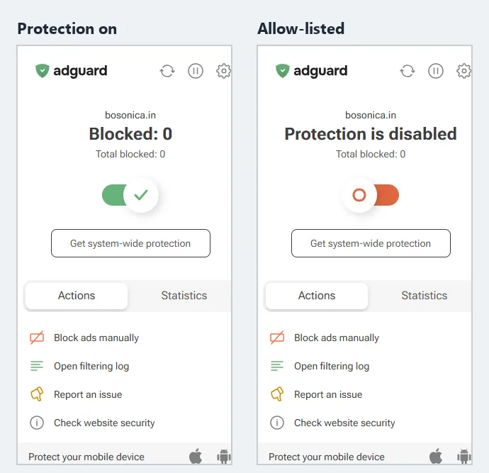 The AdGuard extension popup for bosonica.in twice. On the left the site shows Total blocked: 0 with the protection switch on. On the right the switch has been turned off and the heading reads Protection is disabled.