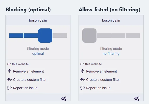 The uBlock Origin Lite popup for bosonica.in twice. On the left the filtering-mode slider sits at optimal, its normal blocking level. On the right the slider has been moved all the way to the left and the label reads no filtering, which is how the site is allow-listed.