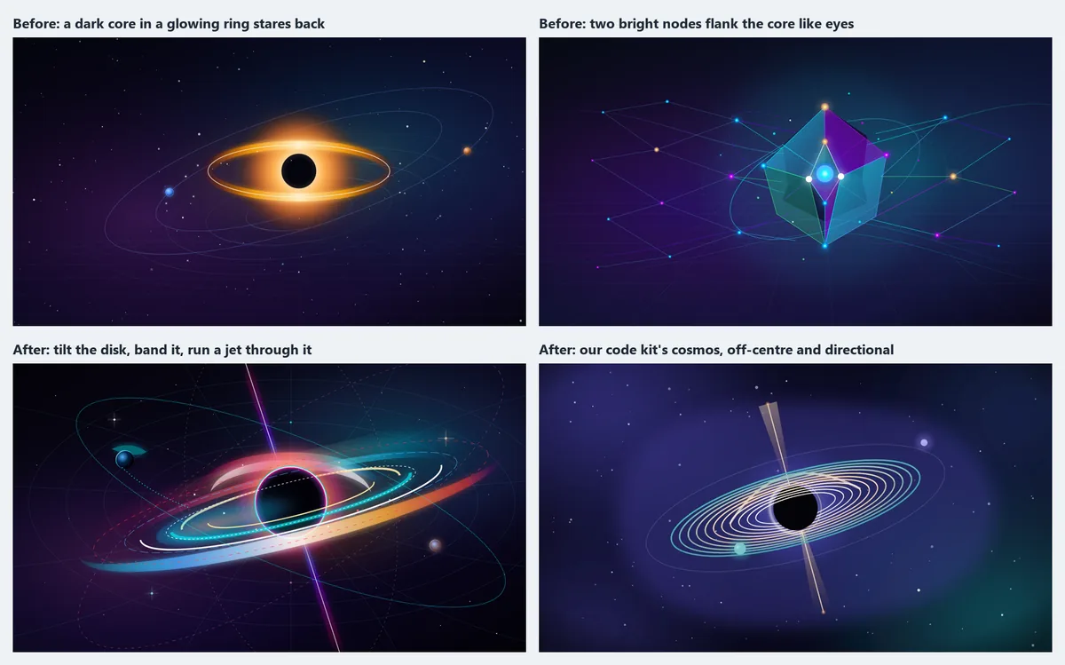 Four of our own SVG hero images in a two-by-two grid. Top left, before: a black hole drawn as a dark disc centered inside a glowing orange ring, which reads as a staring eye. Top right, before: a crystal machine-learning core whose two bright white nodes either side of the center read as eyes. Bottom left, after: the black hole redrawn as a tilted, banded accretion disk with a polar jet crossing it, no longer an eye. Bottom right, after: our code kit's cosmos scene, with the dark core off-center, a banded tilted disk and a jet giving it direction.