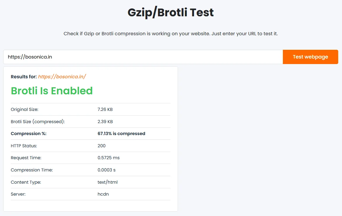 A GiftOfSpeed Gzip/Brotli test for bosonica.in reading "Brotli Is Enabled": the 7.26 KB HTML page is served as 2.39 KB, 67.13% compressed, with an HTTP 200 status.