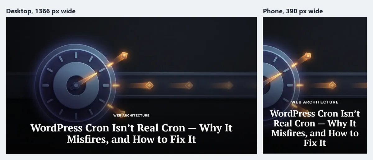 Art Direction in WordPress: Serve a Different Image Crop to Every Device 1 The hero of our WordPress cron article captured twice. On a 1366-pixel desktop the whole picture shows: a glowing clock face on the left with task markers streaming to the right, and the title below. On a 390-pixel phone only the middle of the picture survives: the clock is cut in half at the left edge and the title covers most of the lower half.
