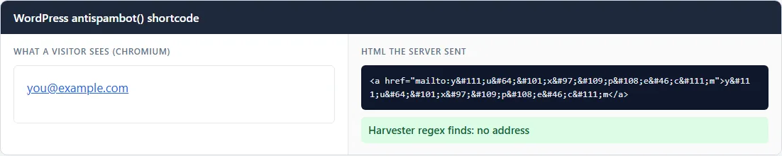 How to Protect Email Addresses from Spam Bots in WordPress (the Modern, Accessible Way) 2 The WordPress antispambot() shortcode rendered in Chromium: the visitor sees an ordinary clickable you@example.com link, while the HTML the server sent is a mix of literal letters and character entities such as @ for the at sign. The same regex harvester finds no address in it.
