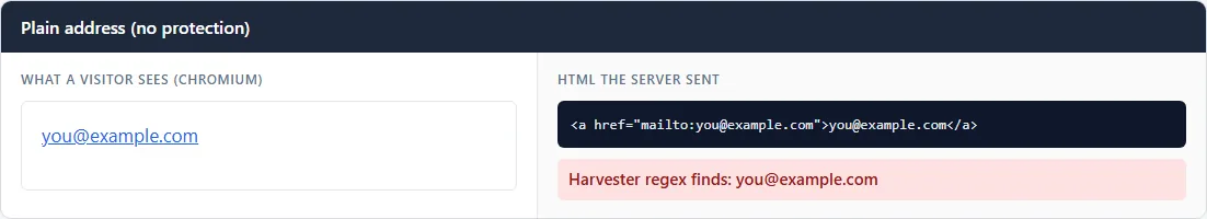 How to Protect Email Addresses from Spam Bots in WordPress (the Modern, Accessible Way) 1 A plain mailto link rendered in Chromium shows you@example.com, and the HTML the server sent contains the address in full twice, in the href and the link text. A simple regex harvester run over that HTML extracts you@example.com, which is exactly what an address-scraping bot does.