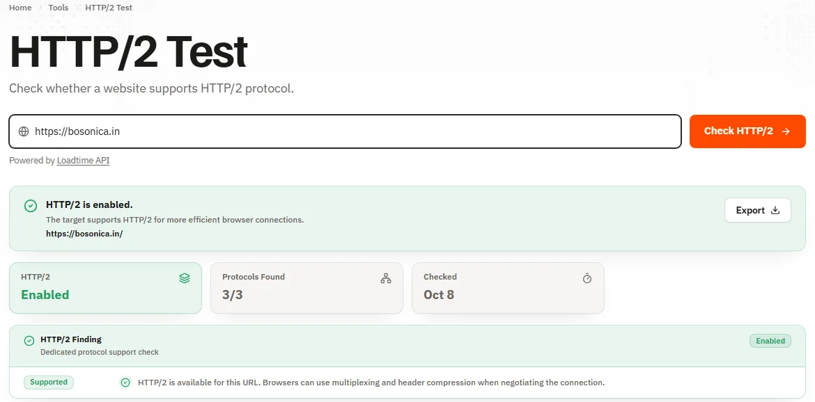 A Geekflare HTTP/2 Test result for bosonica.in reading "HTTP/2 is enabled": the HTTP/2 card shows Enabled, 3 of 3 protocols were found, and the finding marks HTTP/2 as supported, meaning browsers can use multiplexing and header compression on the connection.