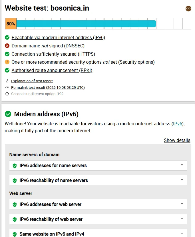 An internet.nl website test for bosonica.in scoring 80%: IPv6, HTTPS and route authorisation pass, DNSSEC fails and security options carry a recommendation. The Modern address (IPv6) section below shows IPv6 addresses and reachability passing for both the name servers and the web server.