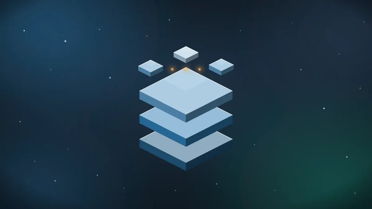 Vector image generation example: three pale-blue isometric slabs stacked in the center of a dark blue field, with four small tiles floating above the top layer