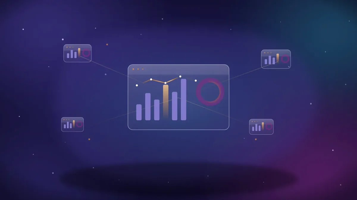 Hero Image Composition: Fill the Frame, Center the Weight, Color by Context 6 Data analytics hero in violet: a central chart panel linked to smaller dashboards, the palette chosen from a data subject