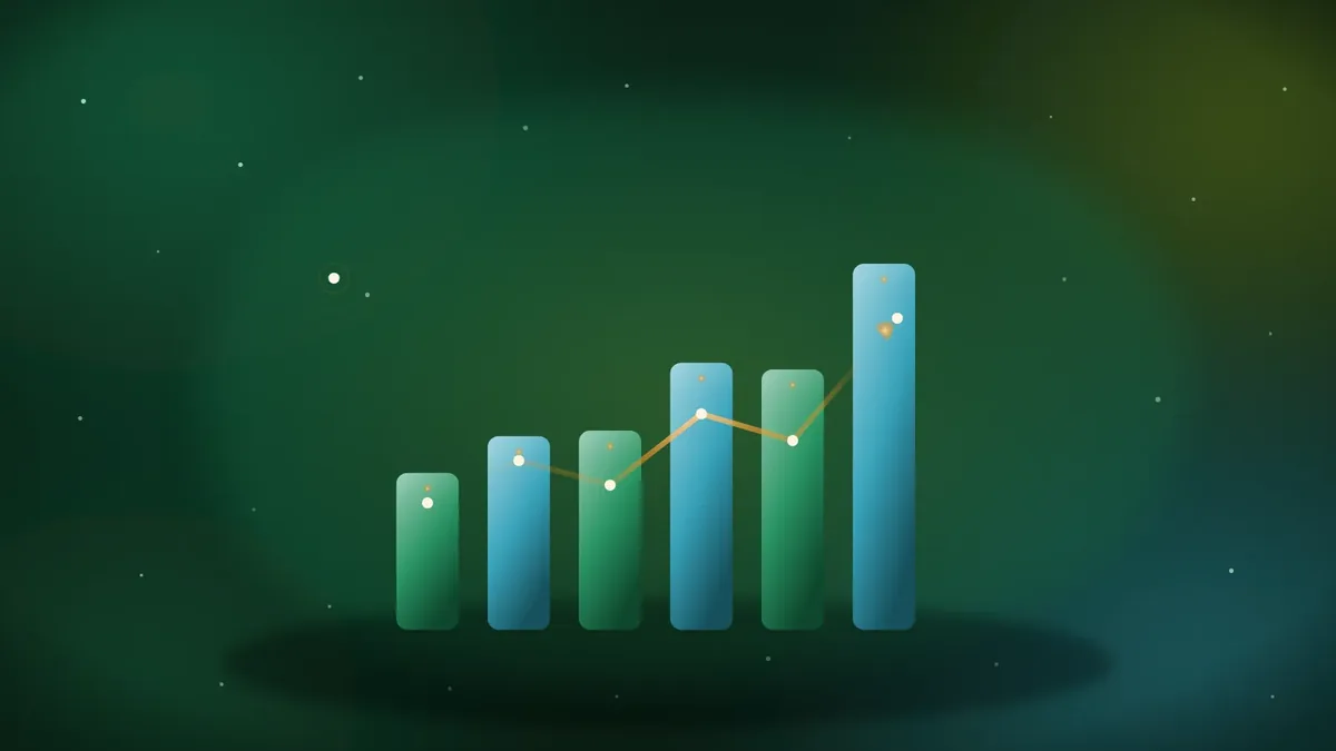 Hero Image Composition: Fill the Frame, Center the Weight, Color by Context 7 Business growth hero in green: rising bars with a trend line climbing to the right, the palette chosen from a growth subject