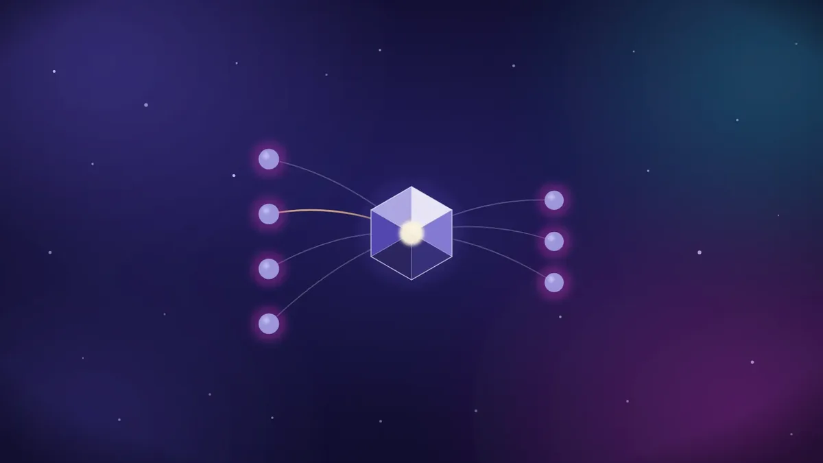 SVG visual metaphor for machine learning: a column of violet input nodes wired into a bright crystal core, which feeds a smaller column of outputs