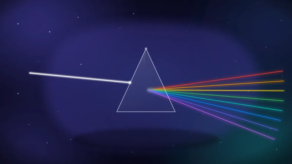 SVG metaphor design example - optics: a white beam enters a glass prism from the left and leaves as a fan of rainbow-colored rays