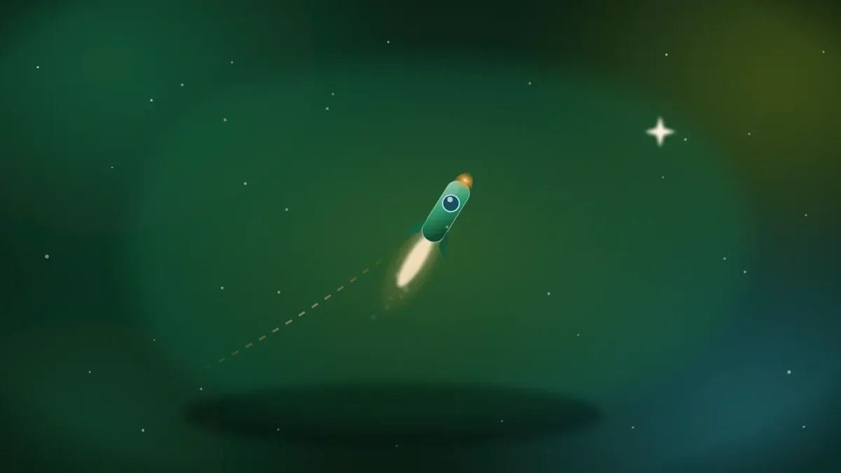 SVG metaphor for entrepreneurship: a small green rocket climbing diagonally from a dotted trail, its glowing orange exhaust the one warm accent in a dark green field