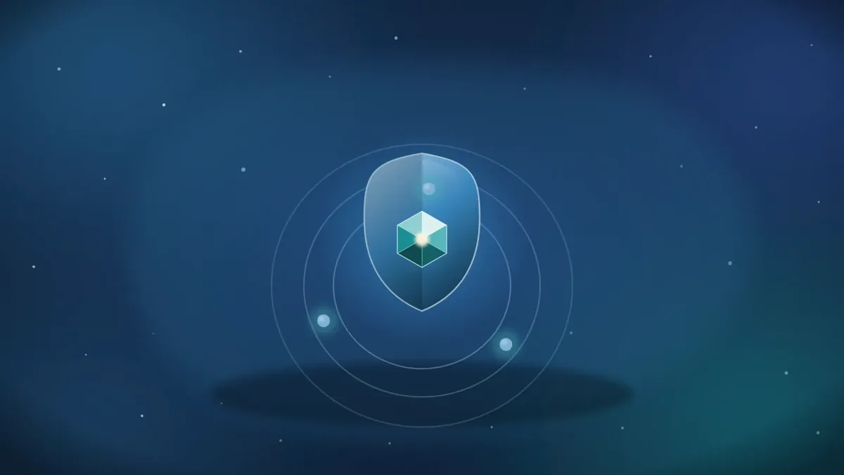 Hero Image Composition: Fill the Frame, Center the Weight, Color by Context 5 Security hero in cool blue: a glowing core inside a shield ringed by orbits, the palette chosen from a cyber subject