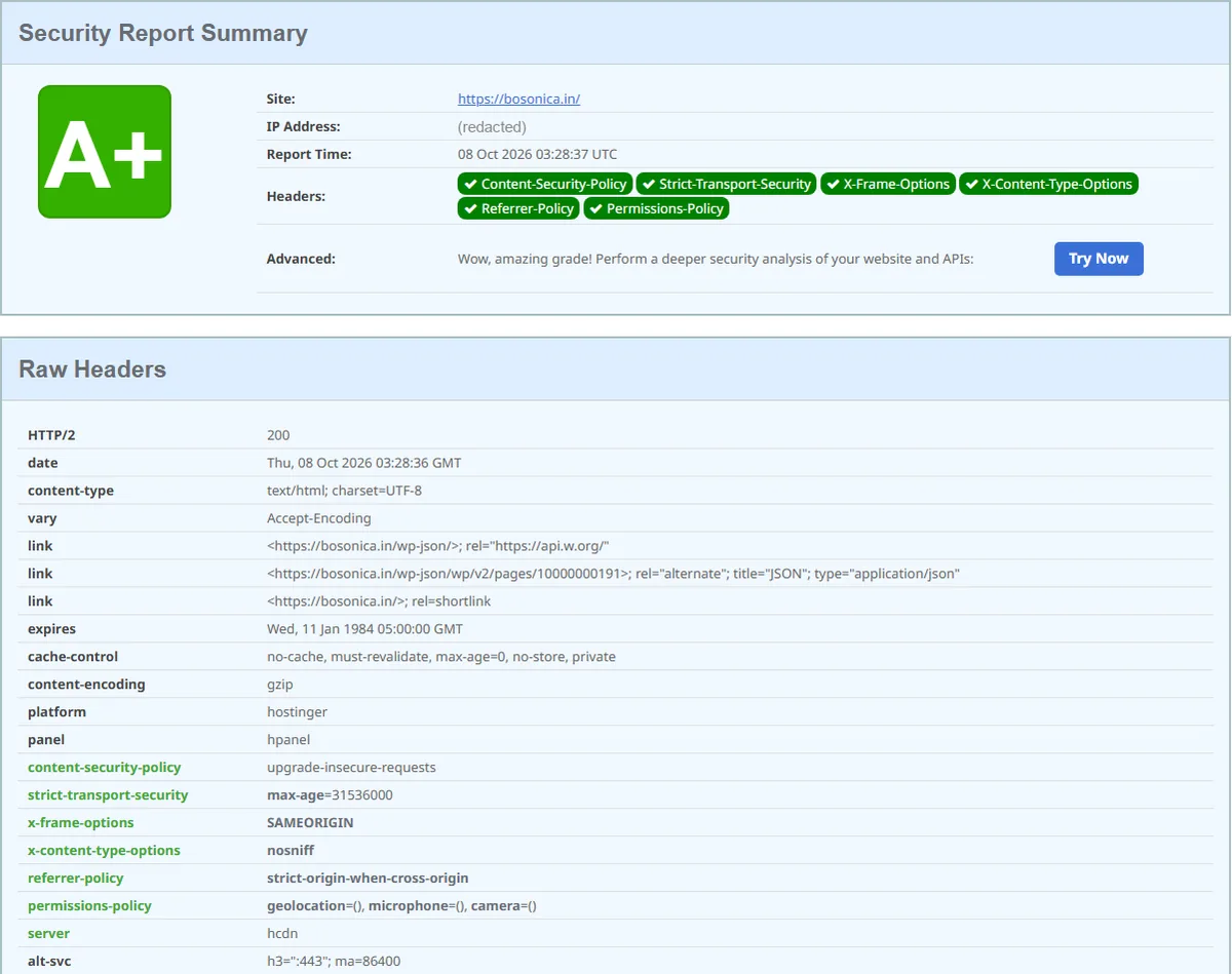 A securityheaders.com scan of bosonica.in graded A+, with Strict-Transport-Security listed among six detected security headers; the raw headers below show strict-transport-security: max-age=31536000. The server IP address is redacted.
