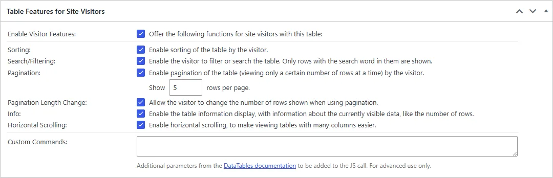 The TablePress Table Features for Site Visitors panel on a table's edit screen, with checkboxes for enabling visitor features, sorting, search and filtering, pagination with a rows-per-page box set to 5, pagination length change, the information line, and horizontal scrolling, plus a Custom Commands field for extra DataTables parameters.