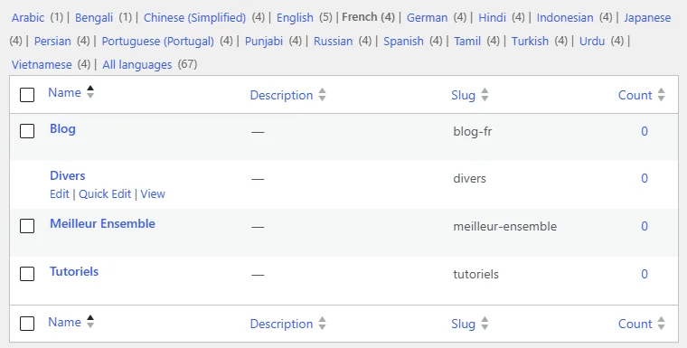The WordPress Posts, Categories screen with WPML active, filtered to French. Blog, Meilleur Ensemble and Tutoriels each have a checkbox, but Divers, the French copy of the default category, has none, and hovering it shows only Edit, Quick Edit and View, with no Delete link.