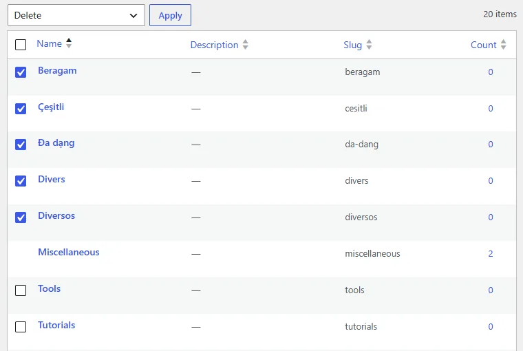 The same Categories screen after WPML was deactivated. The former language copies of the default category (Beragam, Çeşitli, Đa dạng, Divers, Diversos) now have checkboxes and are selected, with Delete chosen in the bulk-actions menu. Only Miscellaneous, the site's real default category, still has no checkbox.