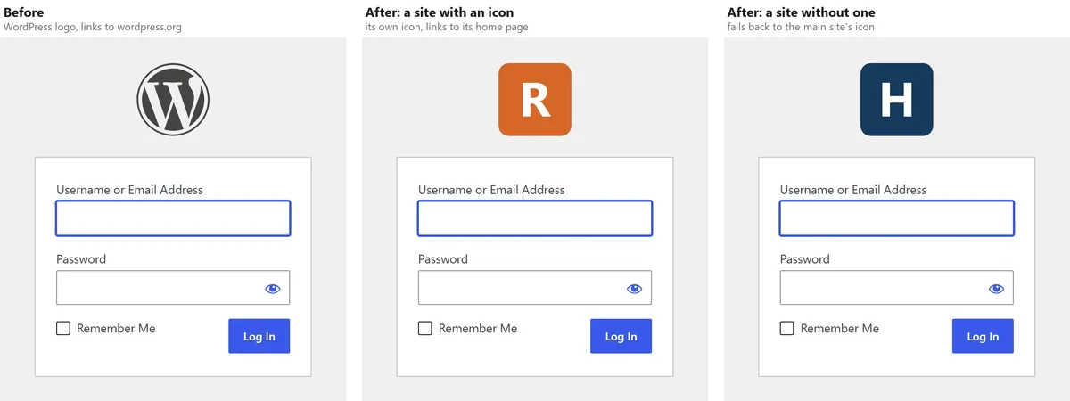Replace the WordPress Logo With Your Site Icon, Everywhere It Shows 1 Three versions of the same WordPress login page. Before: the round WordPress logo above the form, linking to wordpress.org. After, on a site with its own Site Icon: an orange square icon with the letter R, the site's own mark. After, on a site with no icon set: the main site's navy icon with the letter H.
