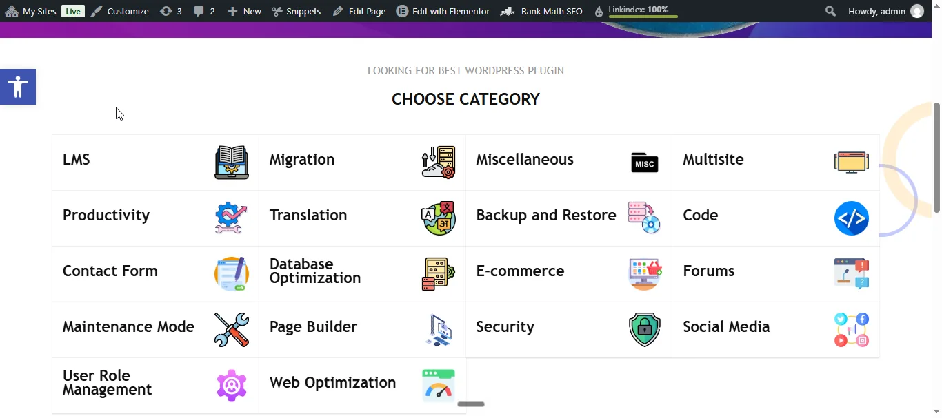 A WordPress plugin directory's "Choose category" grid with WPML active: eighteen categories (LMS, Productivity, Security, Web Optimization and so on), each appearing exactly once, in English, each with its own icon.